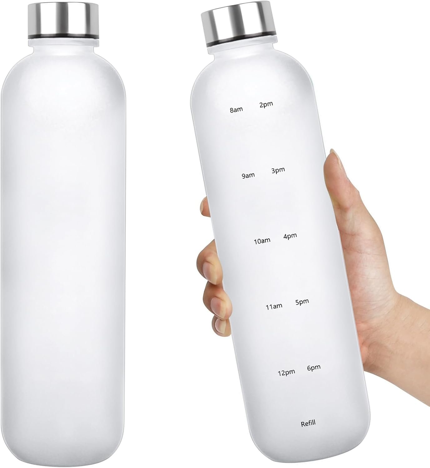 Water Bottle 32 oz, Frosted Style Sports Water Bottles BPA Free Water Bottle With Time Marker,Small mouth Leakproof Water Bottles with Strap for Gym Fitness Hiking Bike Camping (White)