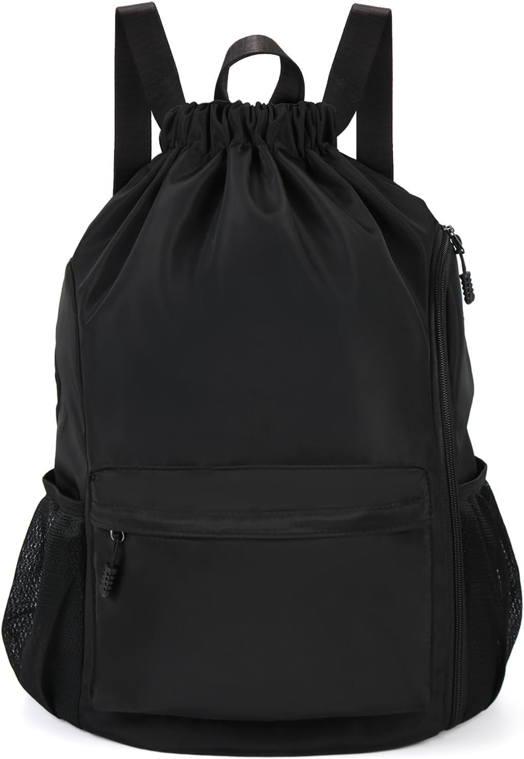 Waterproof Drawstring Gym Backpack Bag for Men & Women,Sports Gym Bag with Side Pocket Black