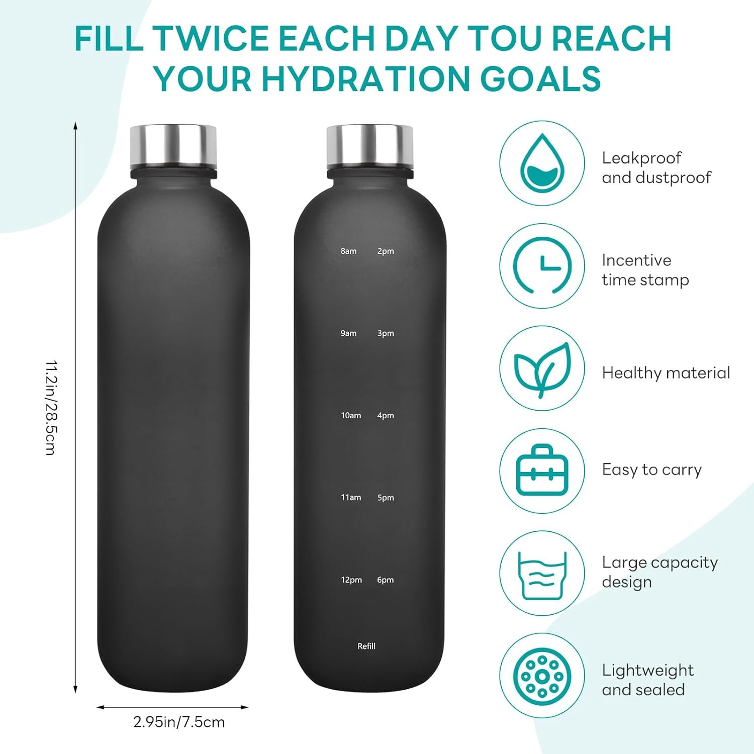 Water Bottle 32 oz, Frosted Style Sports Water Bottles BPA Free Water Bottle With Time Marker,Small mouth Leakproof Water Bottles with Strap for Gym Fitness Hiking Bike Camping (Black) - Image 2