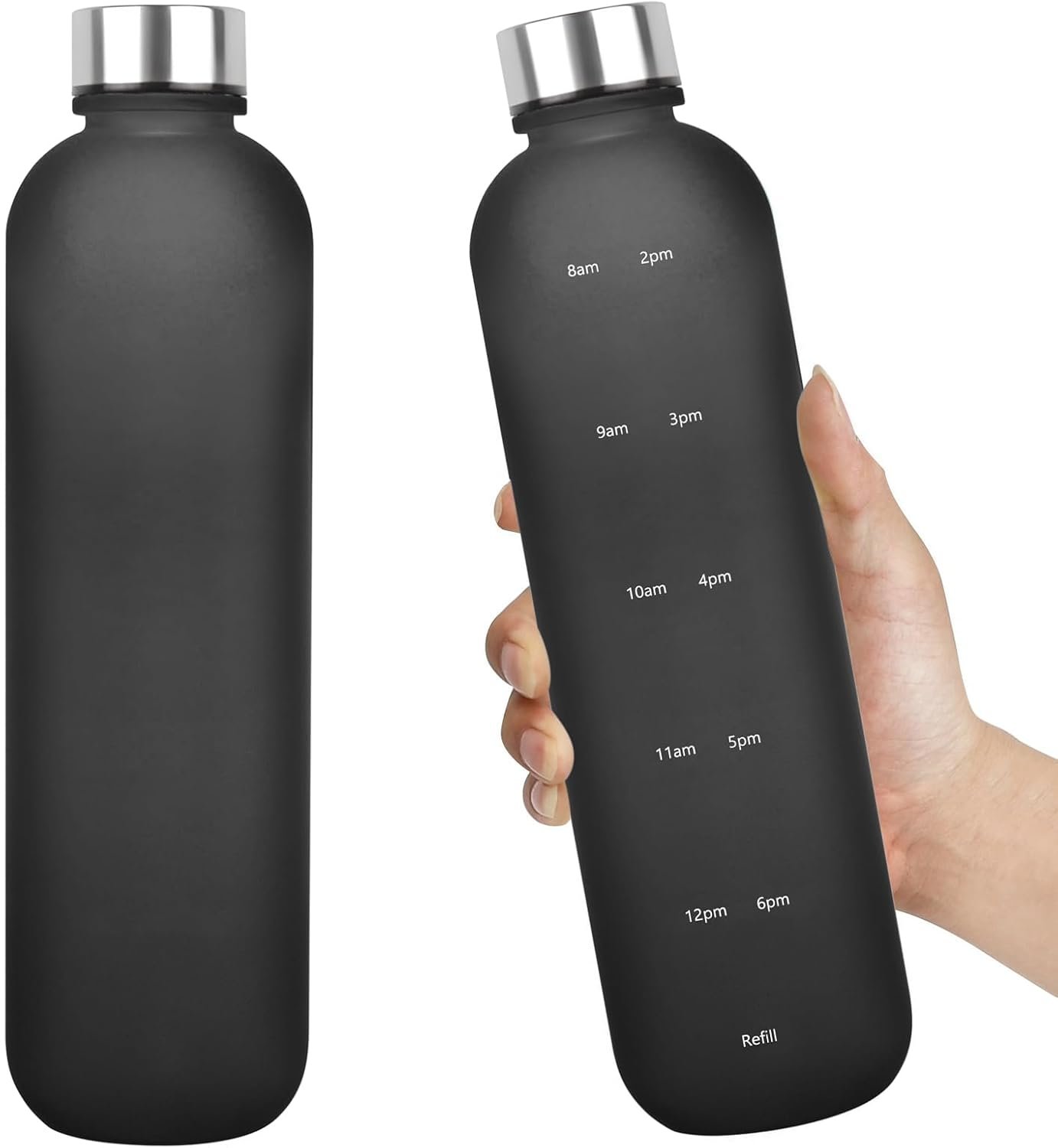 Water Bottle 32 oz, Frosted Style Sports Water Bottles BPA Free Water Bottle With Time Marker,Small mouth Leakproof Water Bottles with Strap for Gym Fitness Hiking Bike Camping (Black)