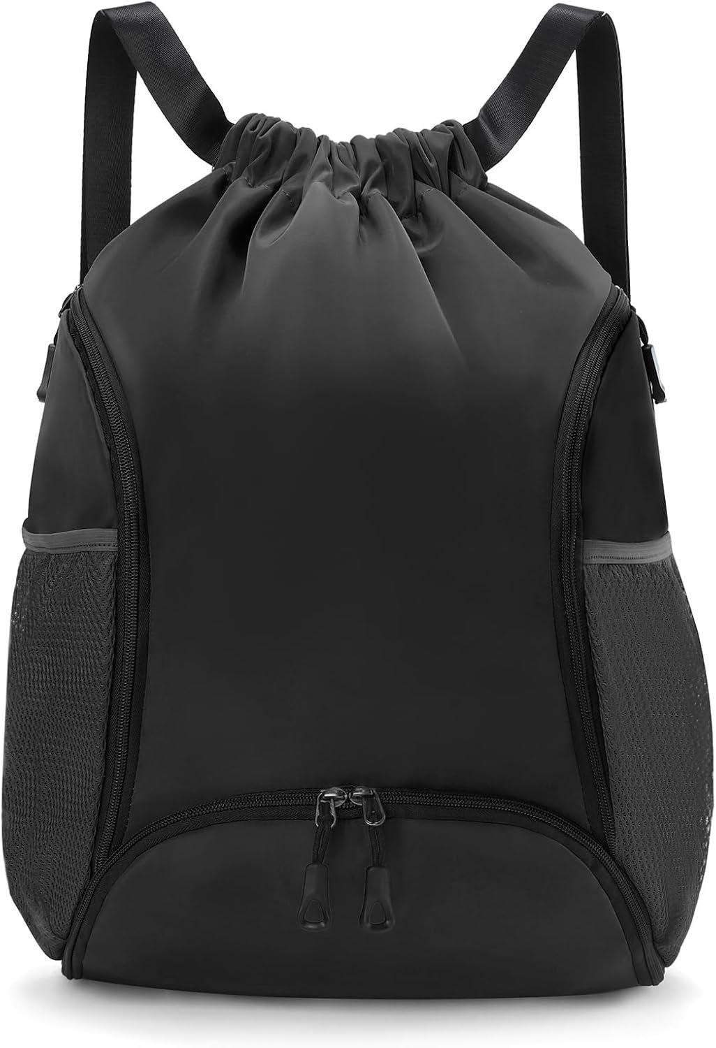 Sports Gym Bag Drawstring Backpack with Shoes Basketball Bag and Two Water Bottle Holder,Black