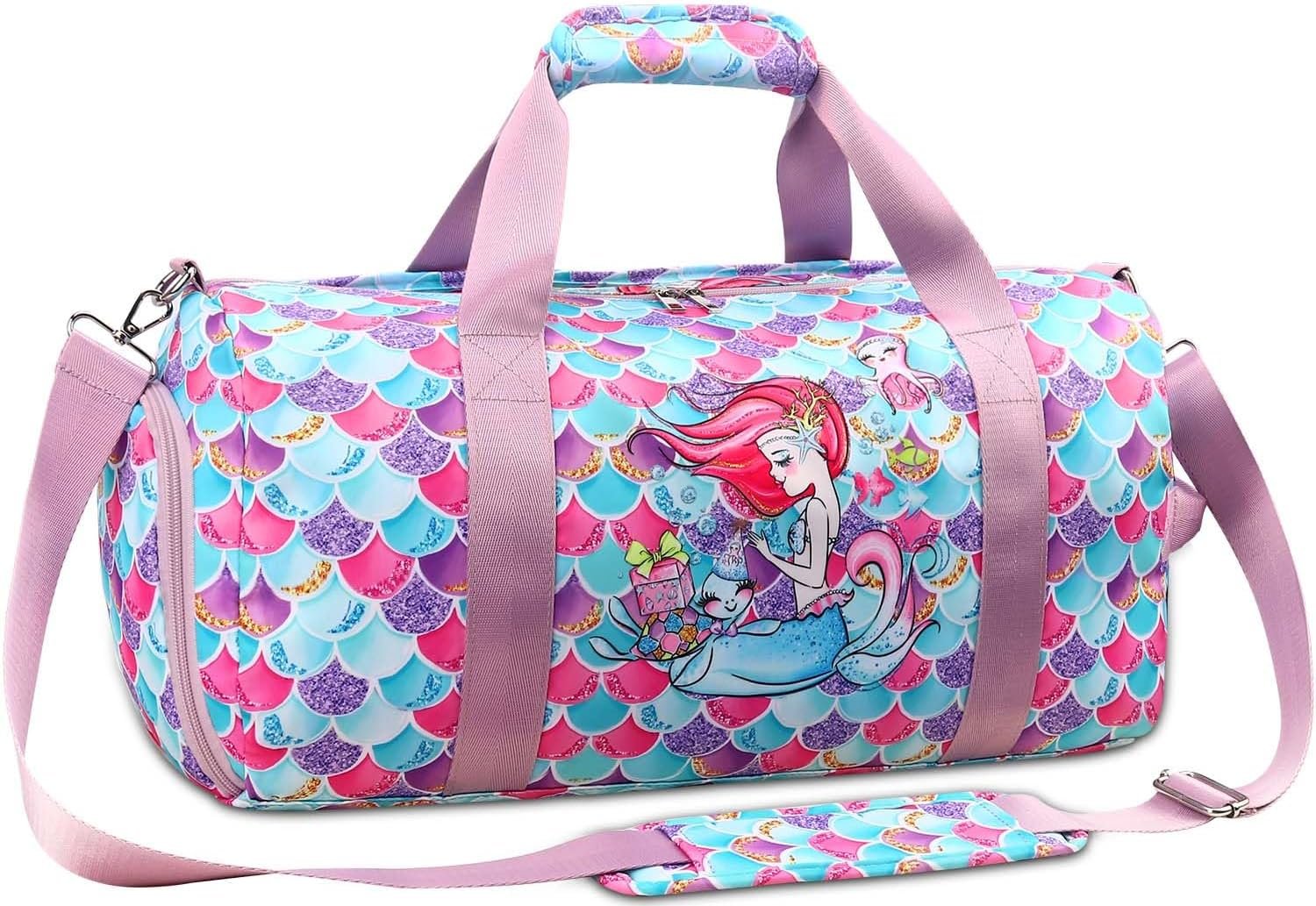Gym Travel Duffle Bag for Girls - Gymnastics Sports with Shoe Compartment & Wet Pocket Mermaid Kids Travel Bag Teens Weekender Sleepover Carry On Bag