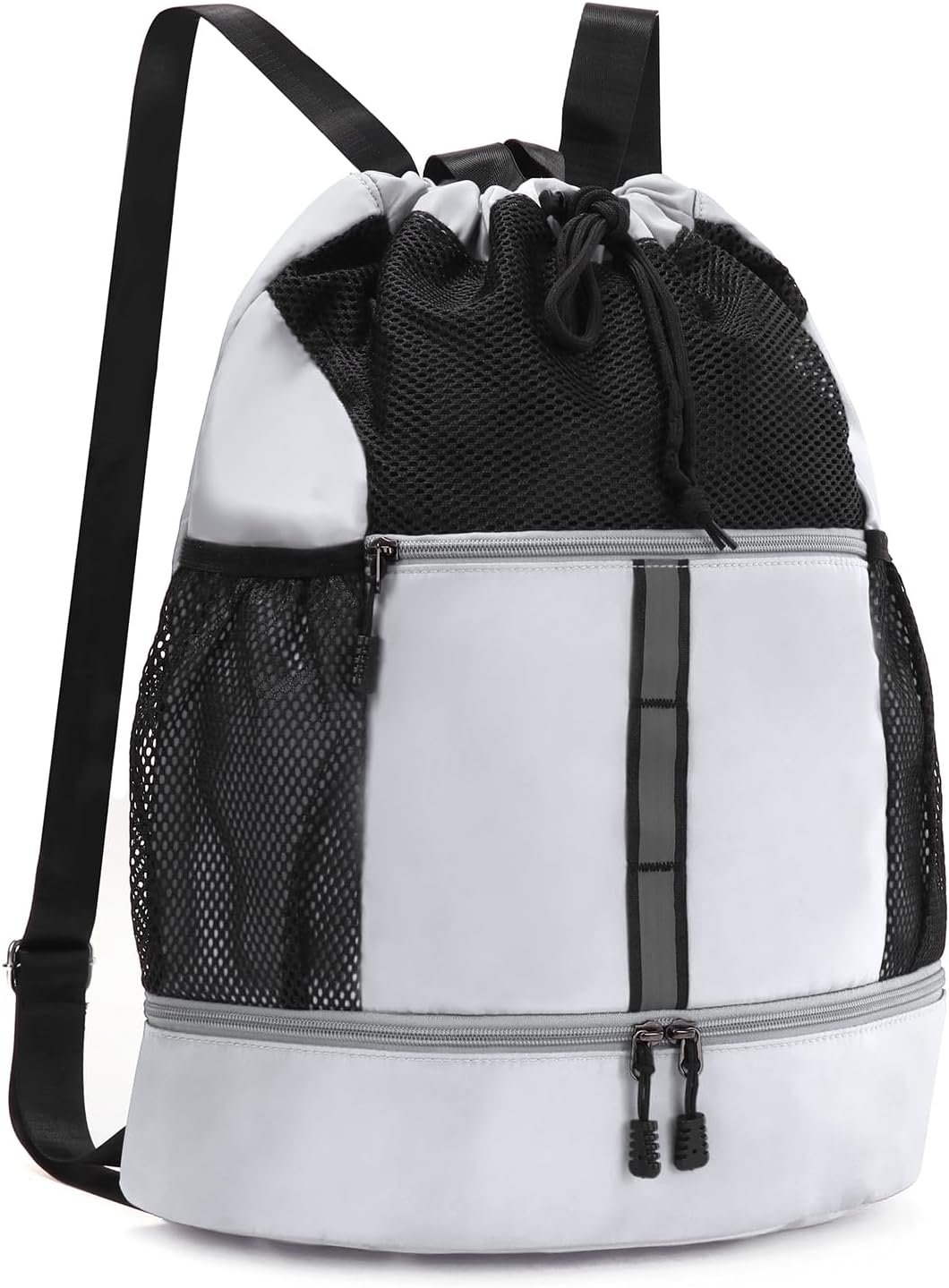 Drawstring Gym Bag Sports Backpack With Shoe Compartment and Reflective Strips White