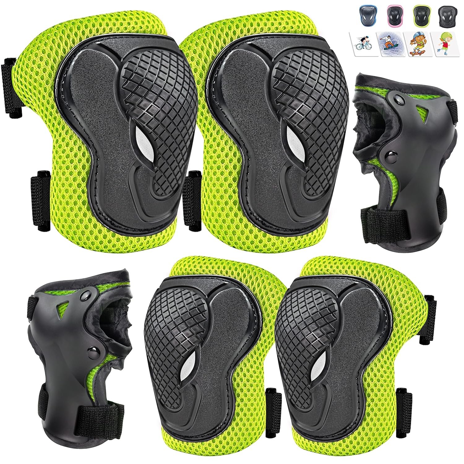 Knee Pads for Kids Knee Pads and Elbow Pads 6 in 1 Protective Gear Set with Wrist Guard for Boys Girls Skateboarding Inline Roller Skating Cycling Scooter…(Green)